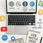 AI Side Hustles concept showing blogging, YouTube automation, and digital products powered by free AI tools