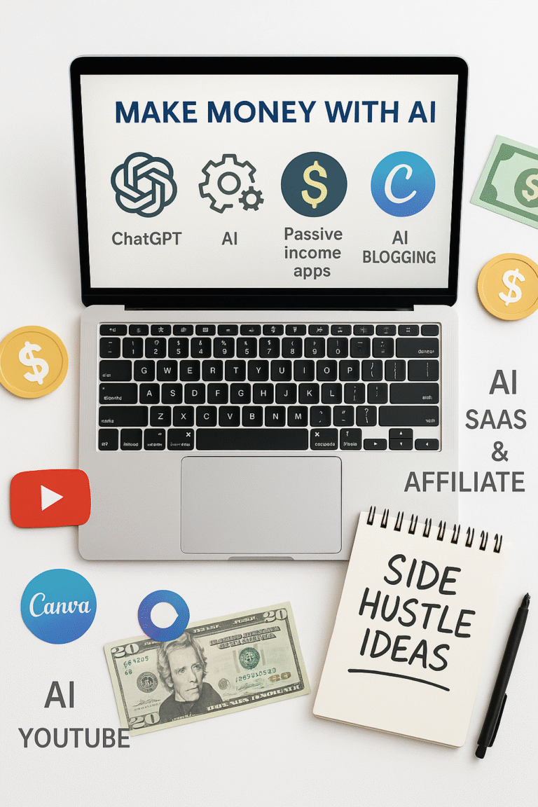 AI Side Hustles concept showing blogging, YouTube automation, and digital products powered by free AI tools