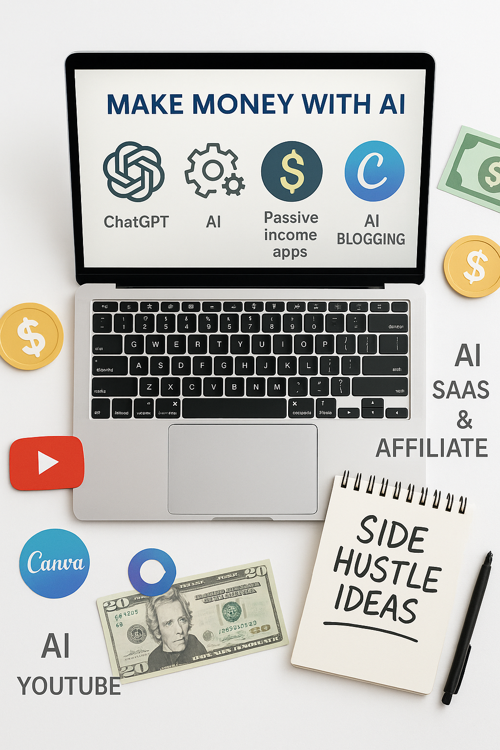 AI Side Hustles concept showing blogging, YouTube automation, and digital products powered by free AI tools
