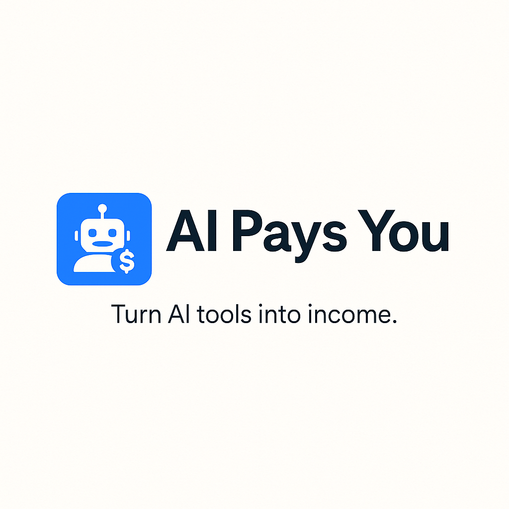 A digital illustration showcasing the brand "AI Pays You" with futuristic AI elements, abstract icons, and a modern design theme representing innovation, blogging, and income generation through artificial intelligence.