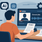 A flat-style digital illustration showing a content creator using AI voice tools on a computer, surrounded by icons for audio, video, and AI, representing modern content creation with ElevenLabs.
