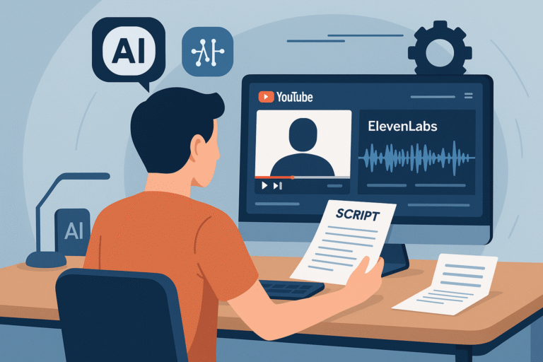 A flat-style digital illustration showing a content creator using AI voice tools on a computer, surrounded by icons for audio, video, and AI, representing modern content creation with ElevenLabs.